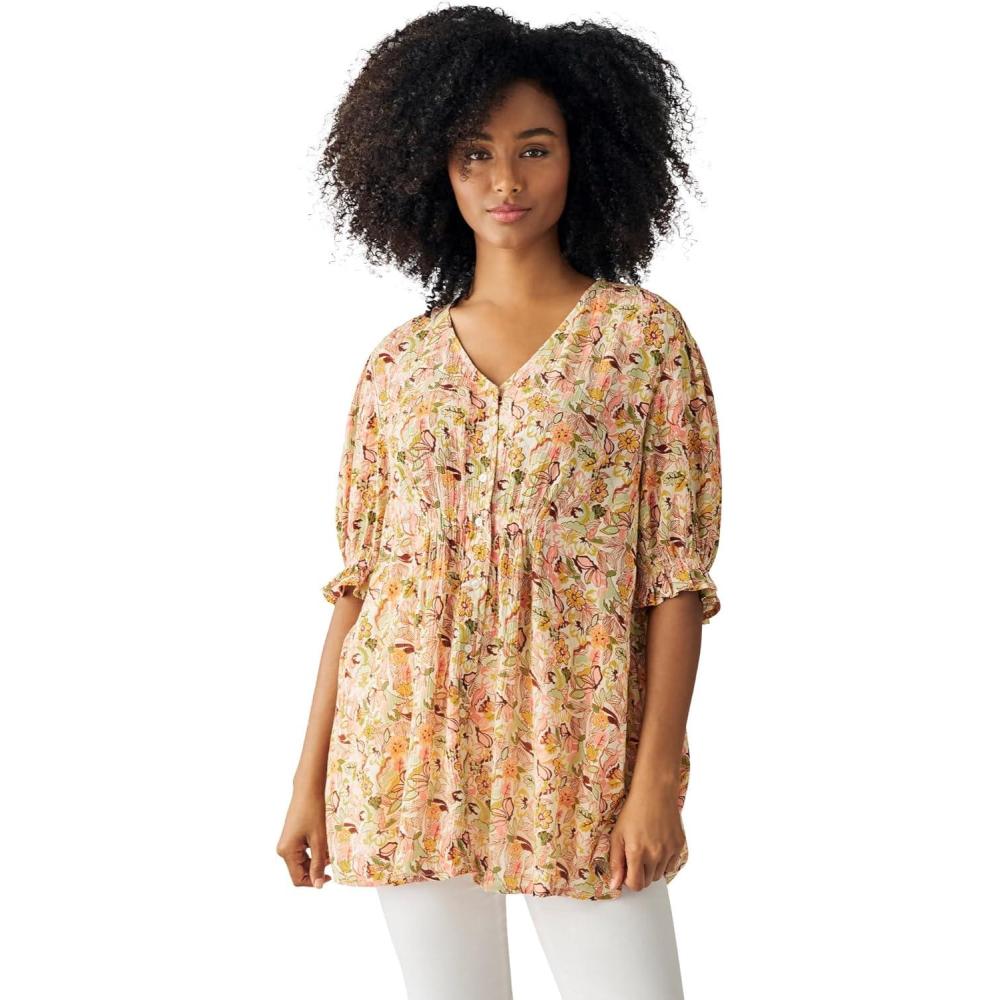 imageEllos Plus Size Button Front Crinkle TunicLight Strawberry Tropical