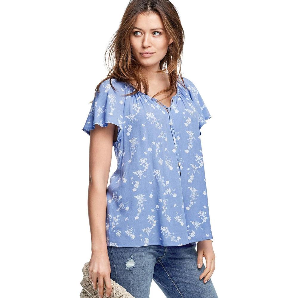 imageEllos Plus Size Flutter Sleeve BlousePlum Blue Floral Print