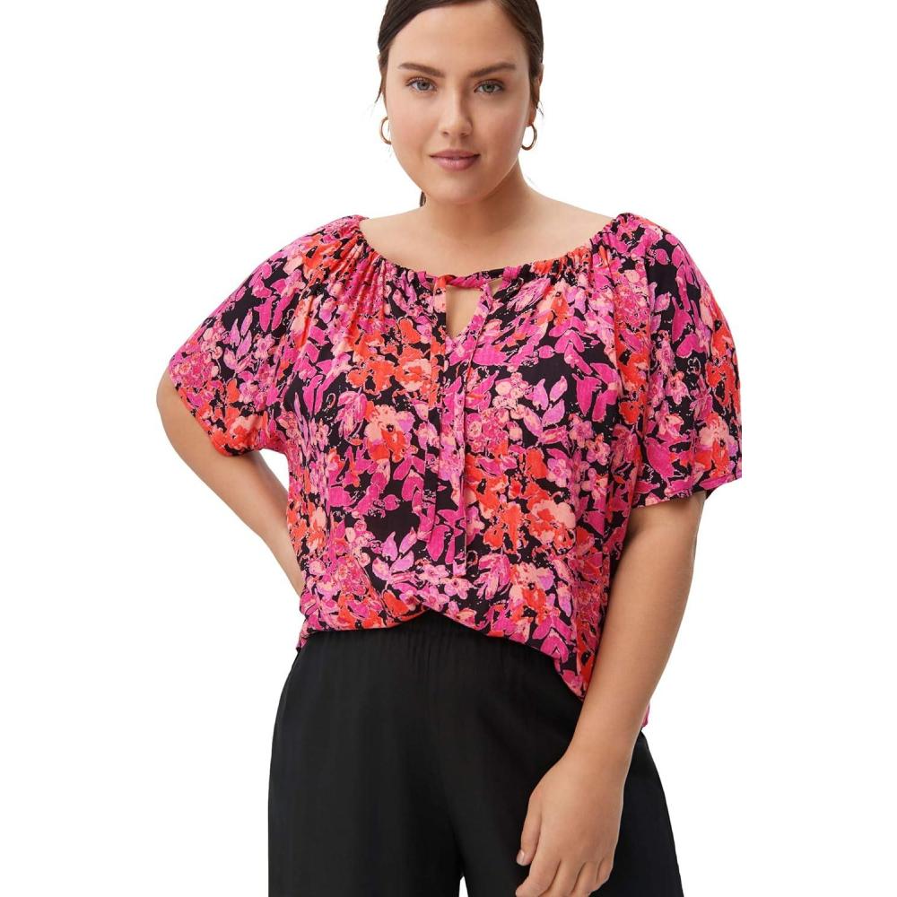 imageEllos Plus Size Keyhole Peasant BlouseBlack Pink Print
