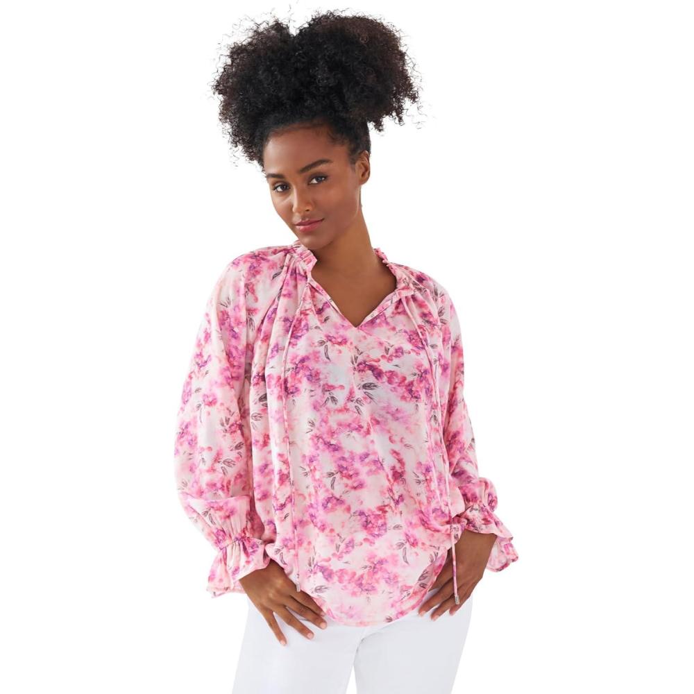 imageEllos Plus Size Keyhole Ruffle Trim BlousePale Blush Floral