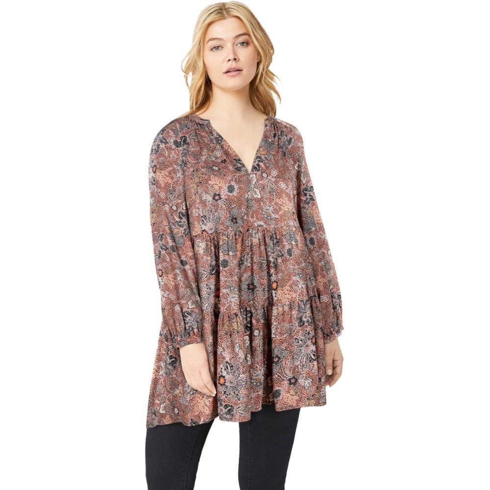 imageEllos Plus Size Tiered Tunic With Notch VNeckRose Multi Print