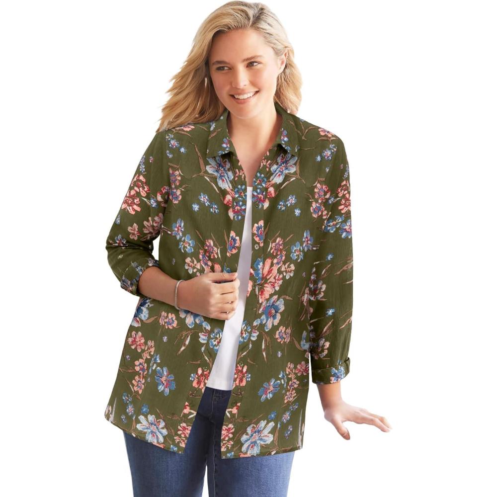 imageWoman Within Plus Size Crinkle ButtonFront ShirtDark Basil Floral