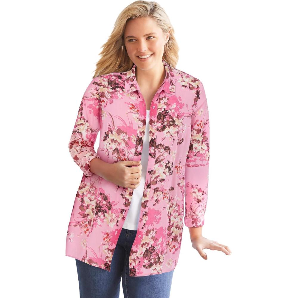 imageWoman Within Plus Size Crinkle ButtonFront ShirtDelicate Pink Sweet Toss