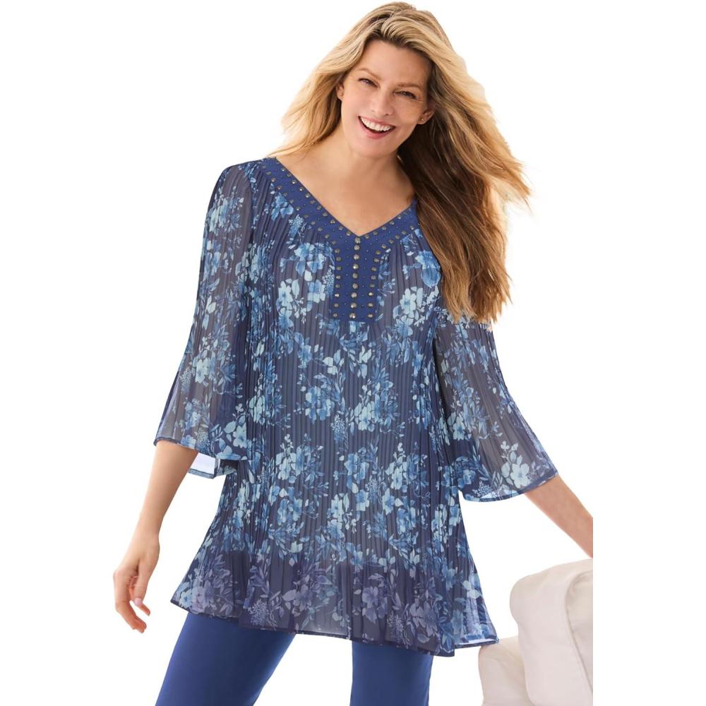 imageWoman Within Plus Size Embellished Pleated BlouseNavy Painterly Bouquet