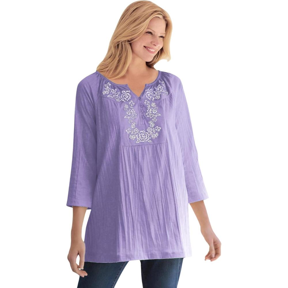 imageWoman Within Plus Size Embroidered Crinkle TunicSoft Iris Rose Embroidery