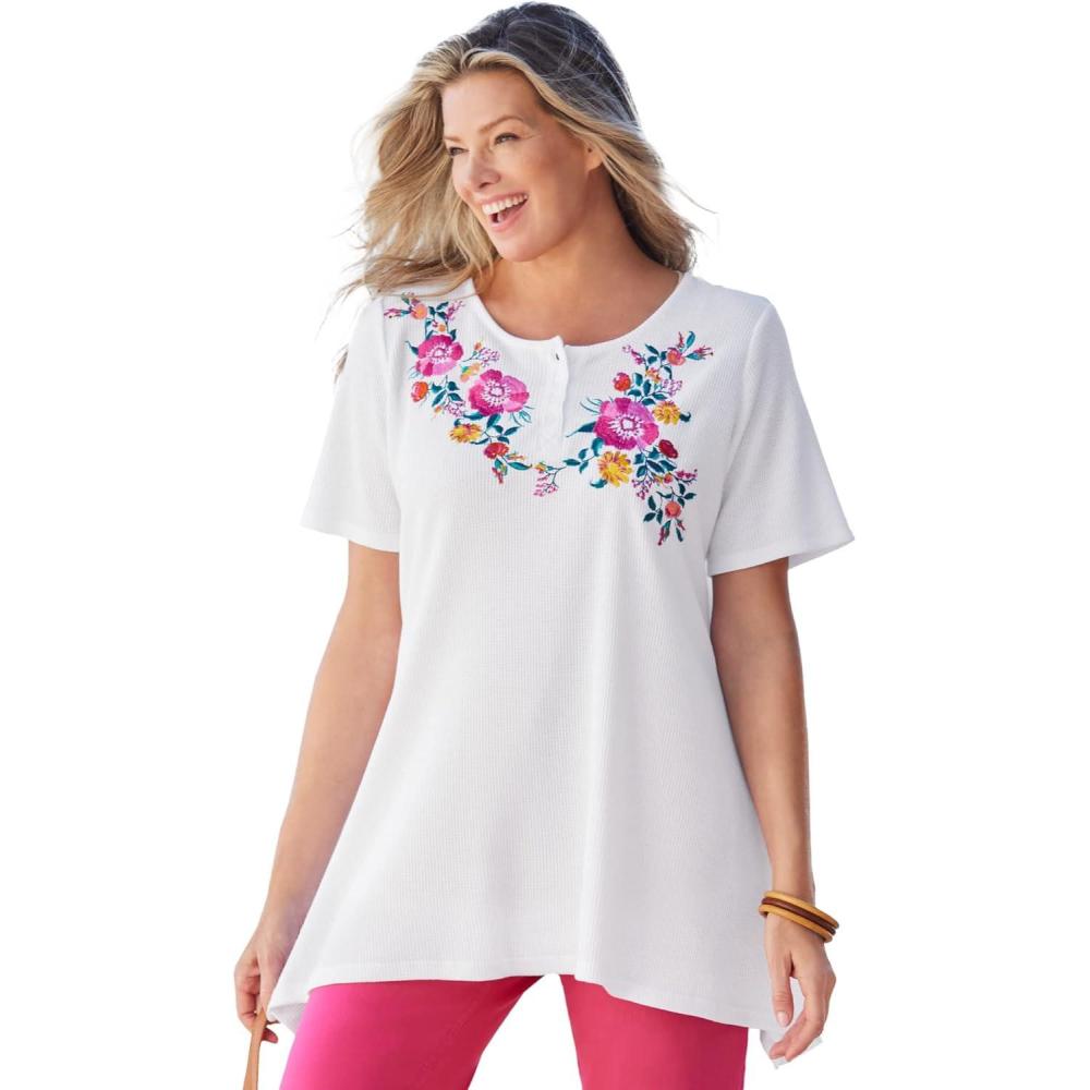 imageWoman Within Plus Size Embroidered Thermal TunicWhite Blooming Embroidery