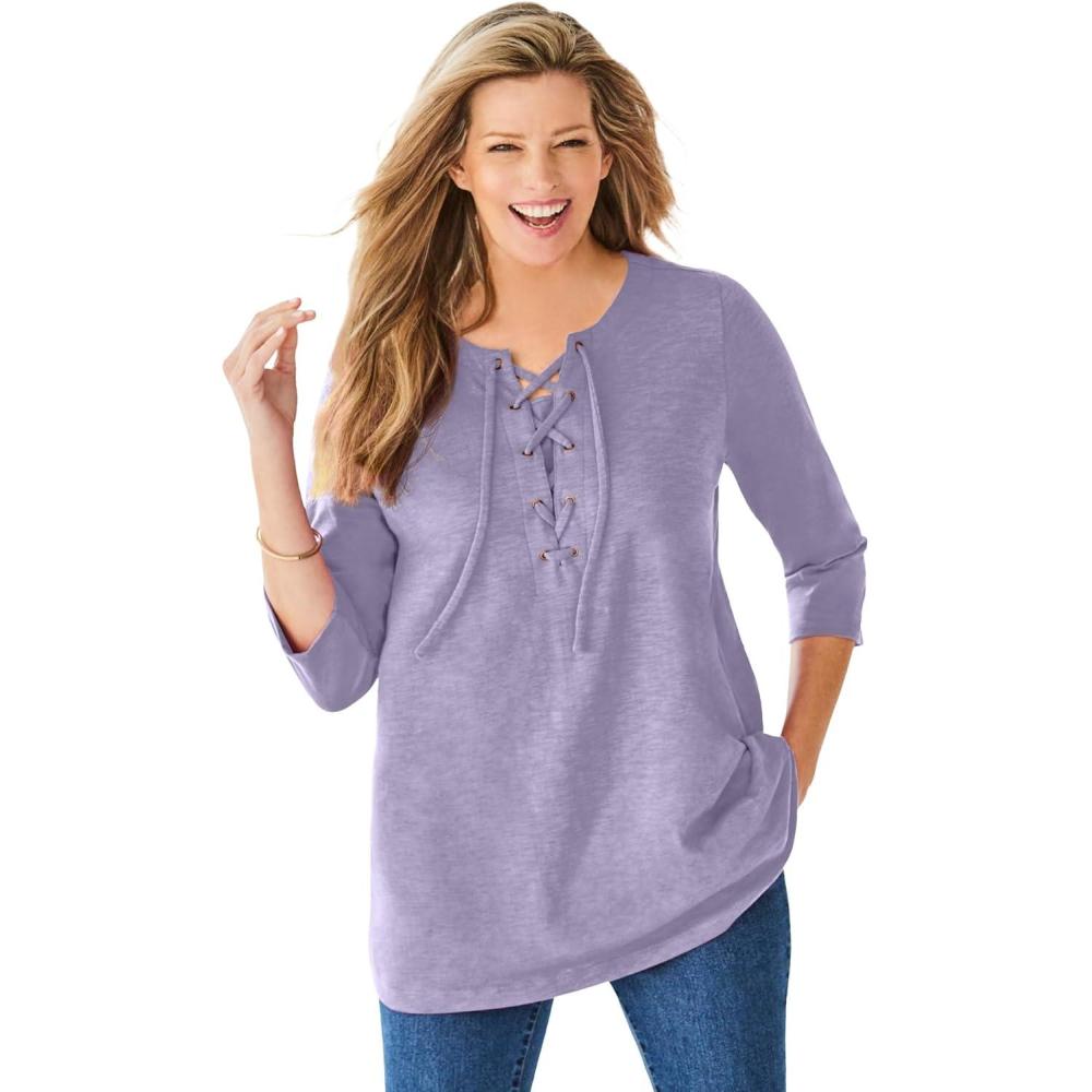 imageWoman Within Plus Size LaceUp ThreeQuarter Sleeve TeePale Lilac