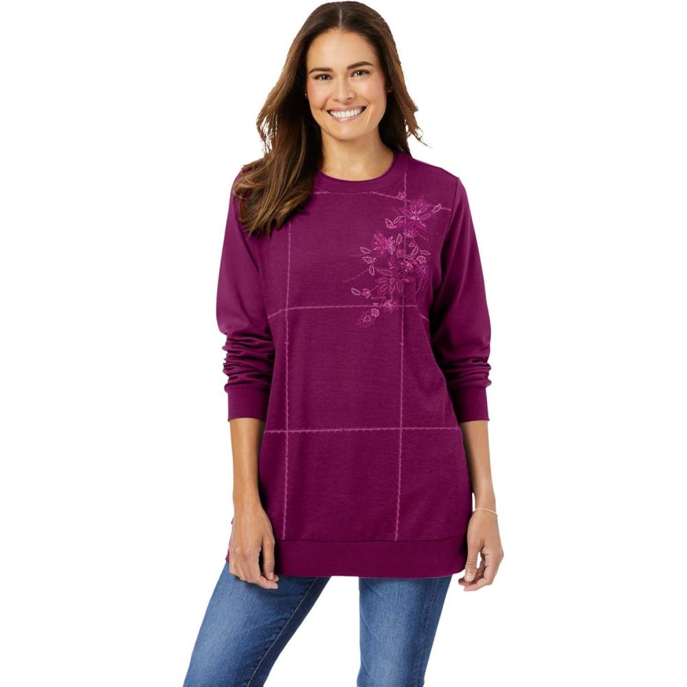imageWoman Within Plus Size Patchwork Embroidered TopDeep Claret Pretty Embroidery