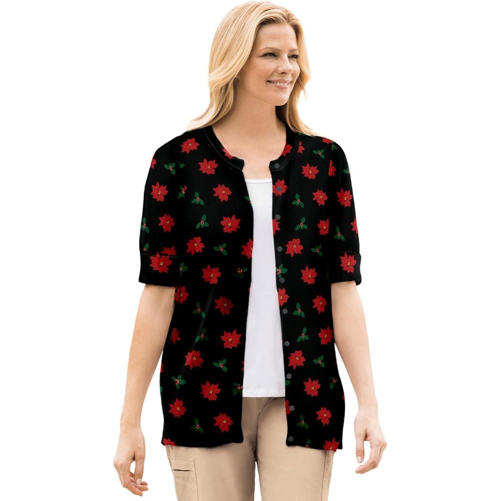 imageWoman Within Plus Size Perfect ElbowLength Sleeve Cardigan SweaterBlack Poinsettia