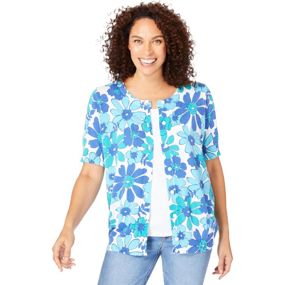 imageWoman Within Plus Size Perfect ElbowLength Sleeve Cardigan SweaterWhite Blue Blossom