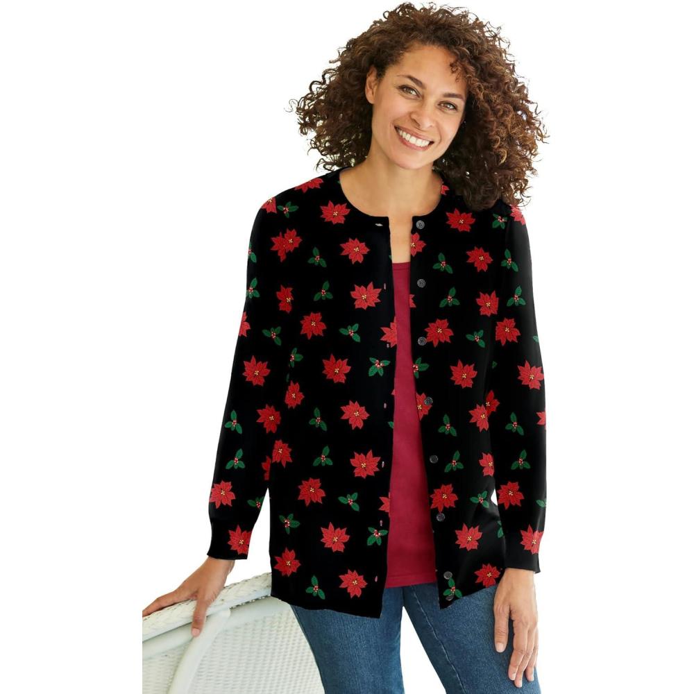 imageWoman Within Plus Size Perfect LongSleeve Cardigan SweaterBlack Poinsettia