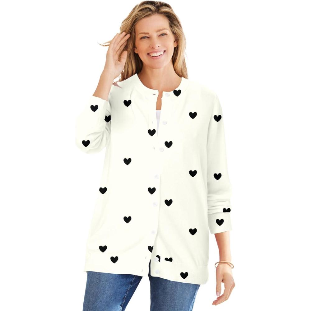 imageWoman Within Plus Size Perfect LongSleeve Cardigan SweaterIvory Black Heart