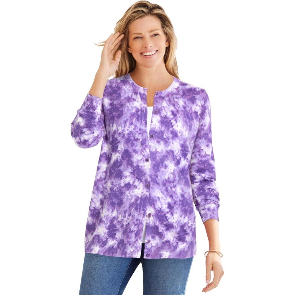 imageWoman Within Plus Size Perfect LongSleeve Cardigan SweaterPetal Purple Tie Dye