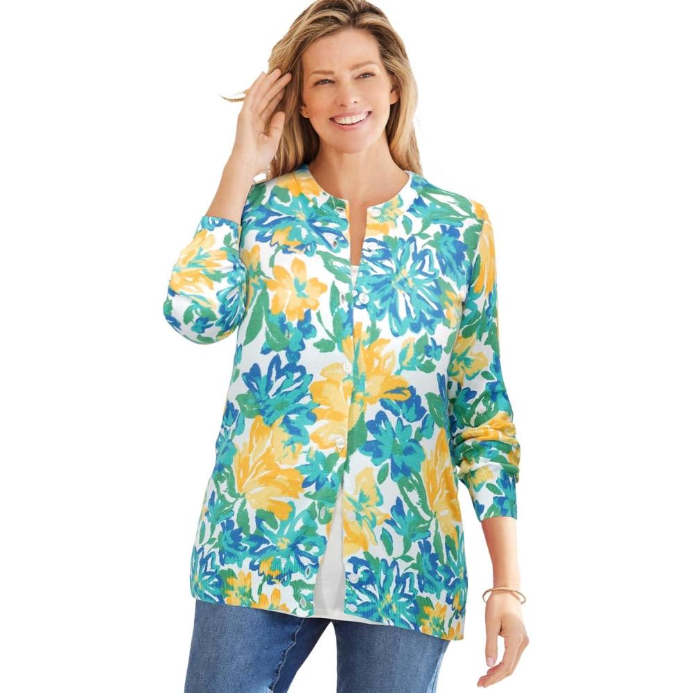 imageWoman Within Plus Size Perfect LongSleeve Cardigan SweaterYellow Painted Floral