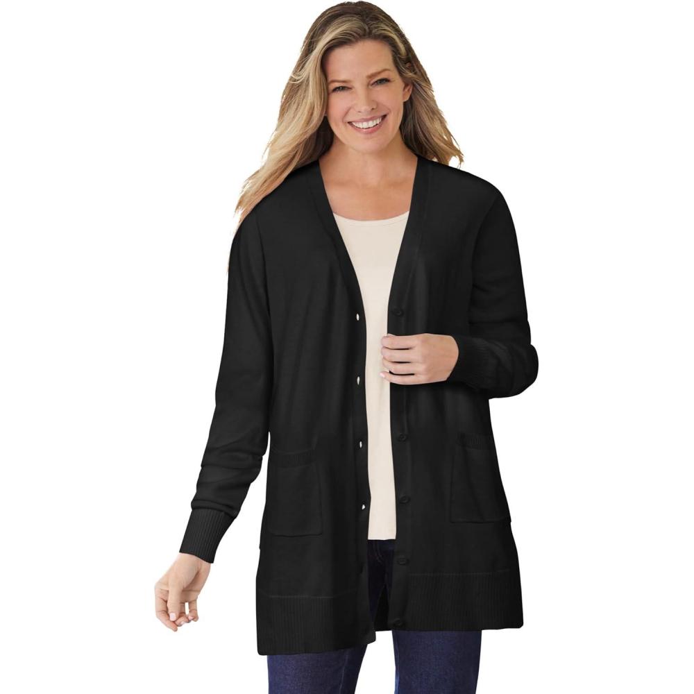 imageWoman Within Plus Size Perfect LongerLength Cotton Cardigan SweaterBlack