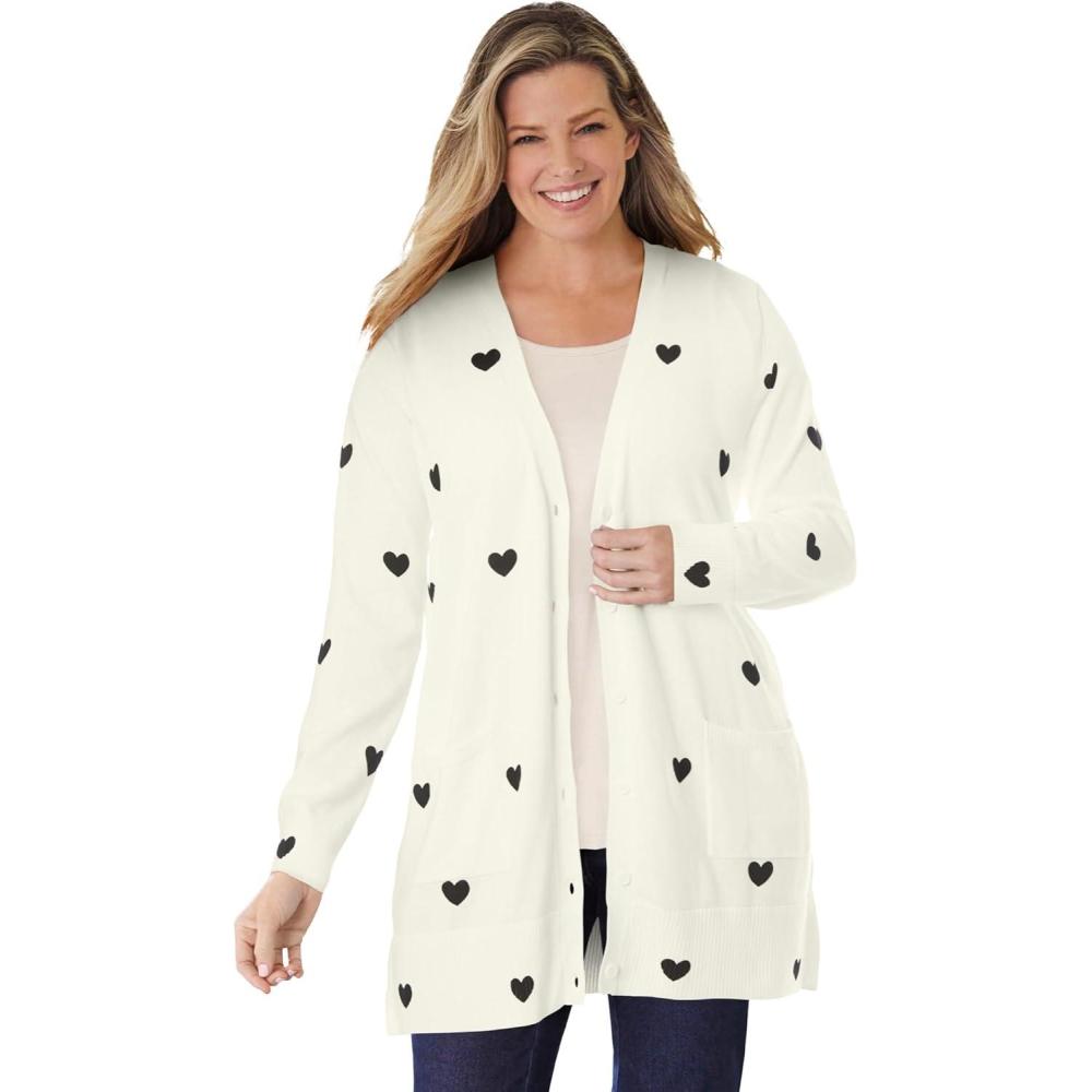 imageWoman Within Plus Size Perfect LongerLength Cotton Cardigan SweaterIvory Black Heart
