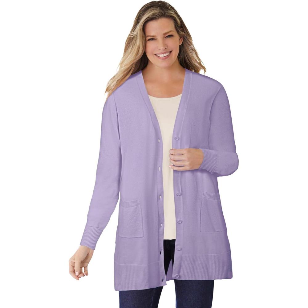 imageWoman Within Plus Size Perfect LongerLength Cotton Cardigan SweaterPale Lilac