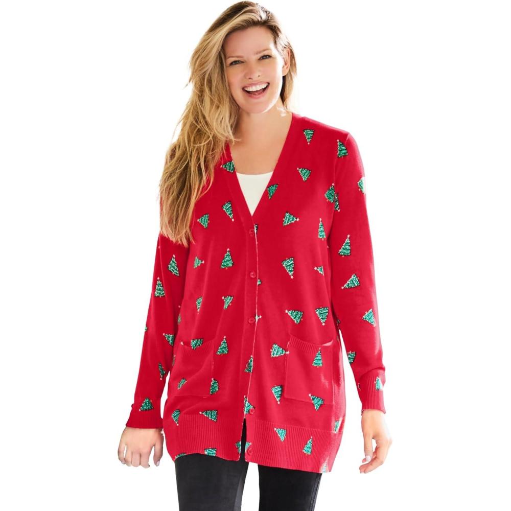 imageWoman Within Plus Size Perfect LongerLength Cotton Cardigan SweaterVivid Red Trees