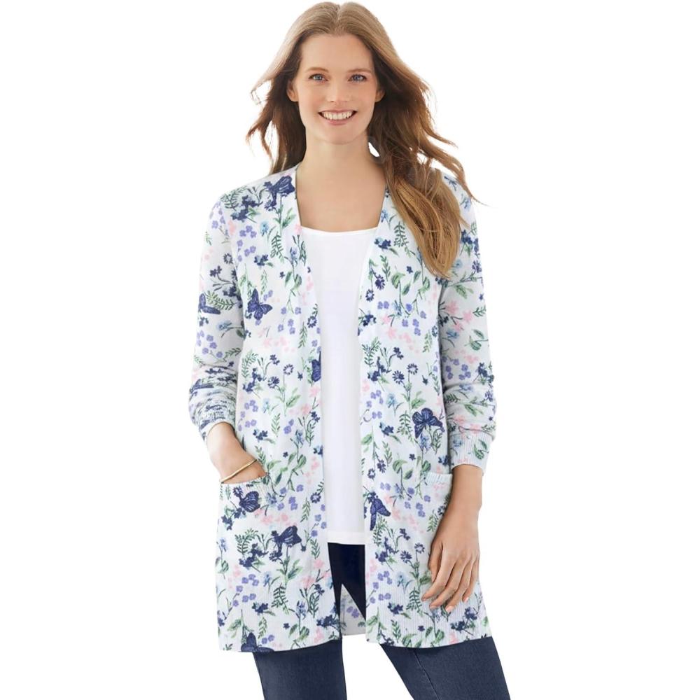 imageWoman Within Plus Size Perfect LongerLength Cotton Cardigan SweaterWhite Butterfly Garden