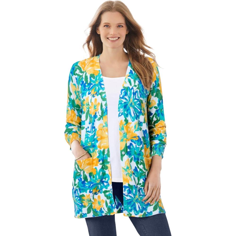 imageWoman Within Plus Size Perfect LongerLength Cotton Cardigan SweaterYellow Painted Floral
