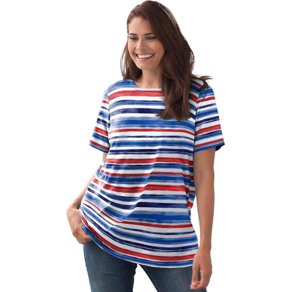 imageWoman Within Plus Size Perfect Printed ShortSleeve Crewneck TeeBright Cobalt Painterly Stripe