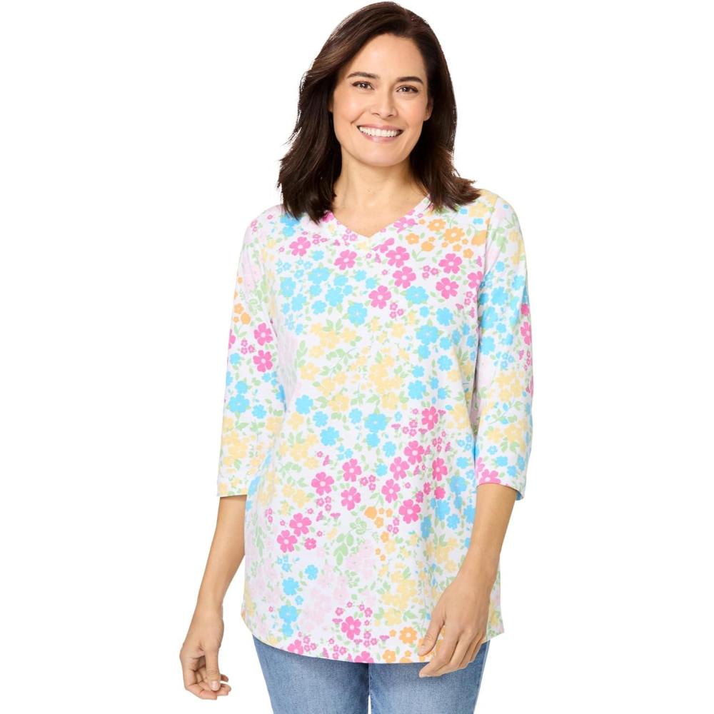 imageWoman Within Plus Size Perfect Printed ThreeQuarter Sleeve VNeck TeeWhite Multi Floral