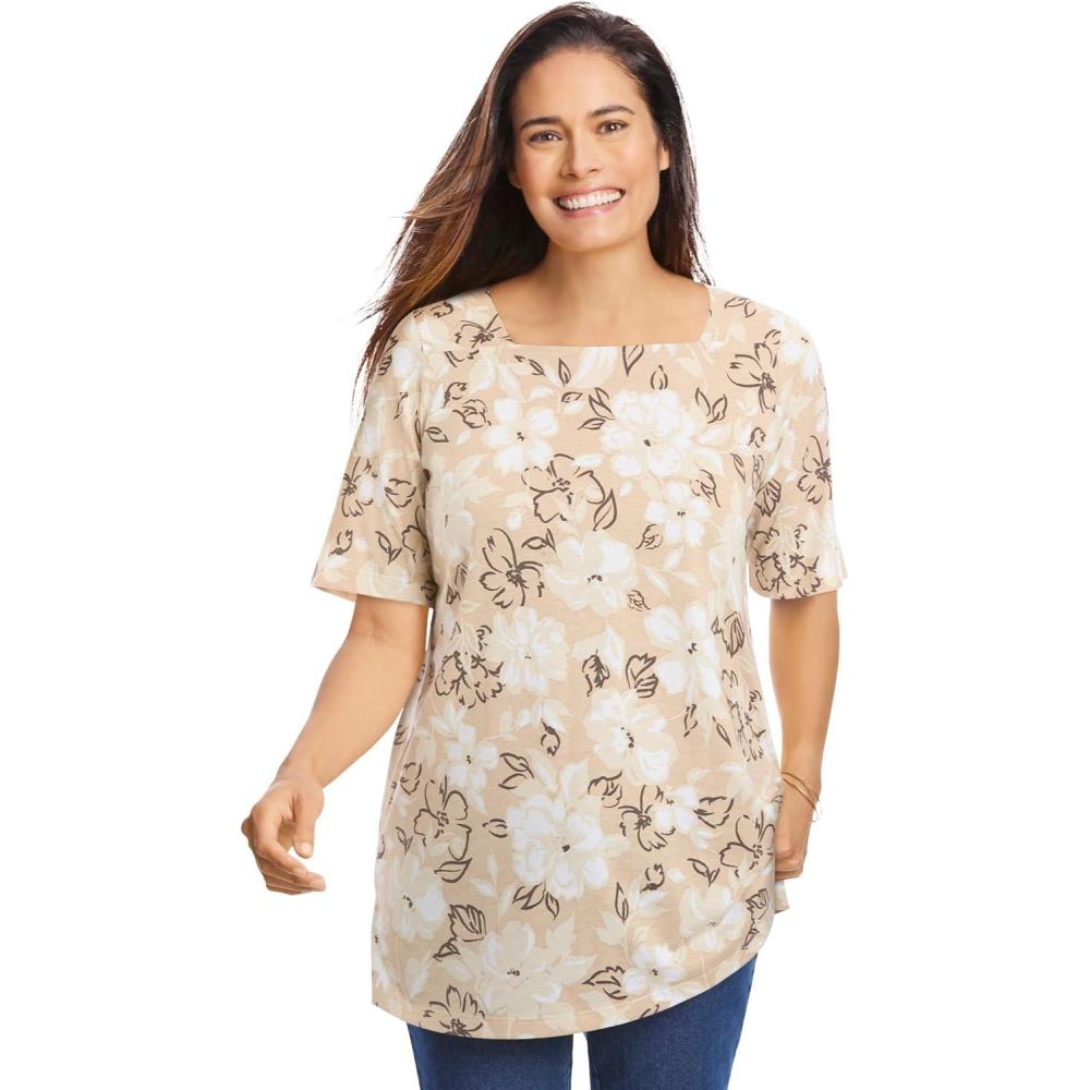 imageWoman Within Plus Size Printed Perfect SquareNeck TeeNew Khaki Bloom