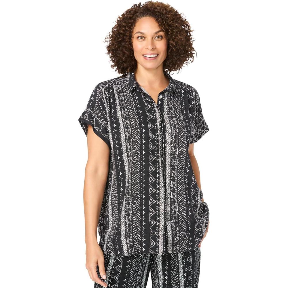 imageWoman Within Plus Size Relaxed CampshirtBlack Batik Stripe