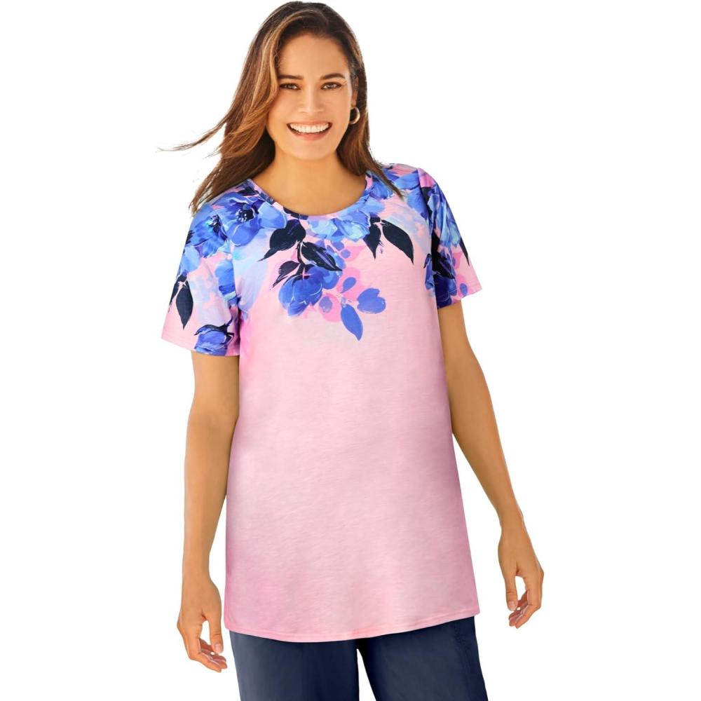 imageWoman Within Plus Size Short Sleeve Watercolor TunicPink Tie Dye Bloom