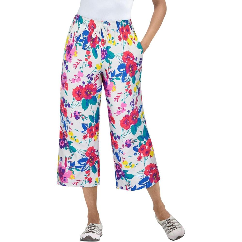 imageWoman Within Plus Size SportKnit PullOn Capri PantsWhite Coral Floral