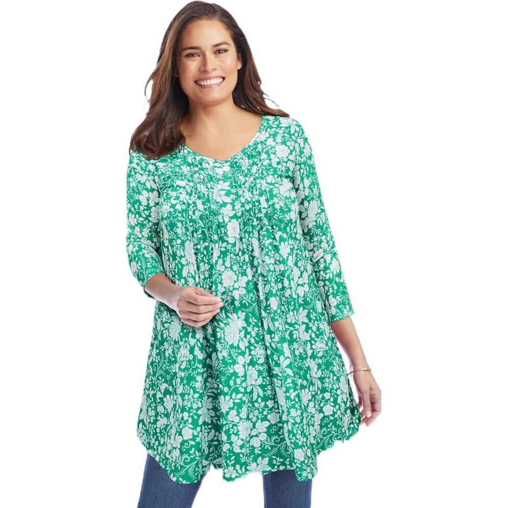 imageWoman Within Plus Size VNeck Pintucked TunicTropical Emerald Antique Floral