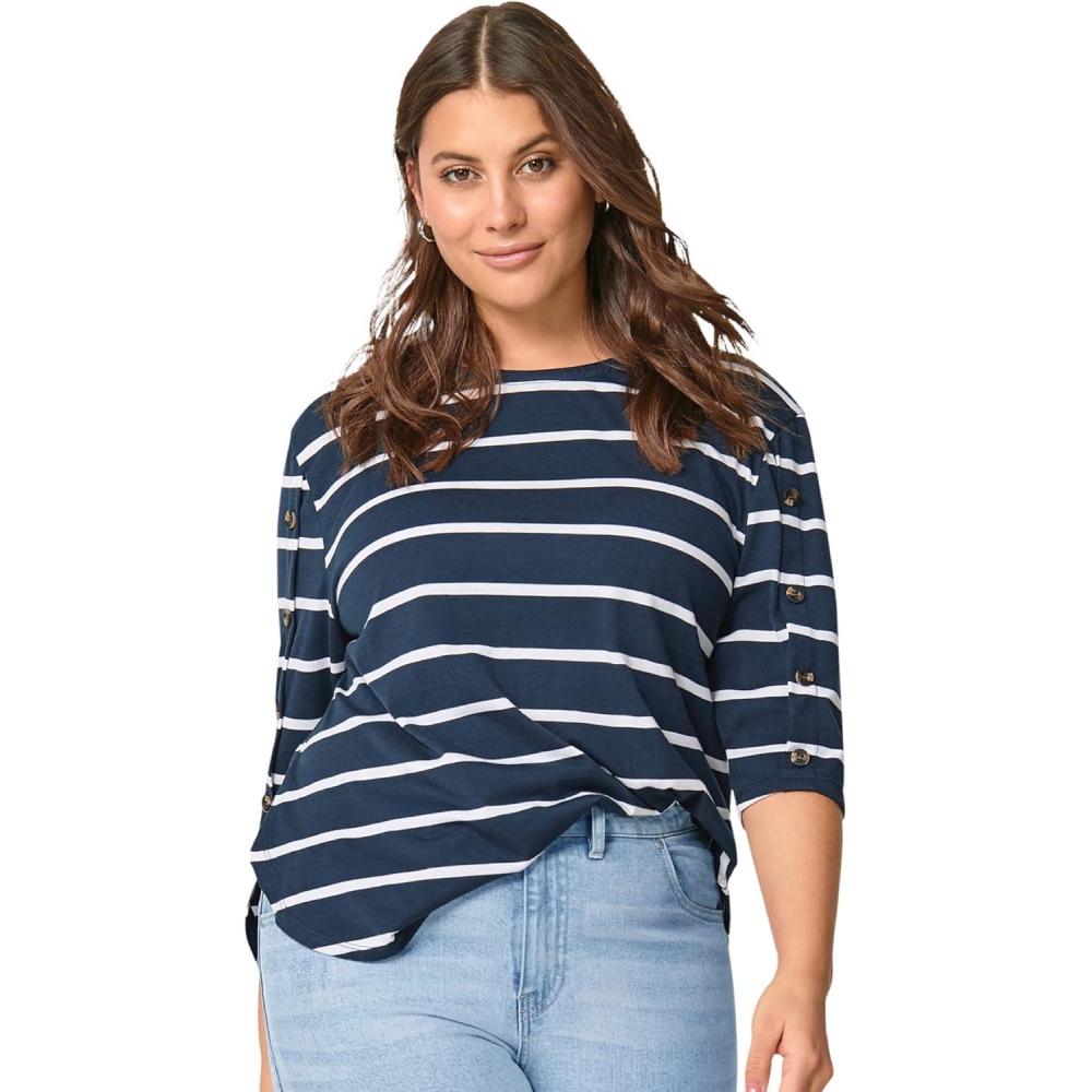 imageellos Plus Size Cotton Spandex Boat Neck 34 Sleeve Button Trim TeeNavy White Stripe