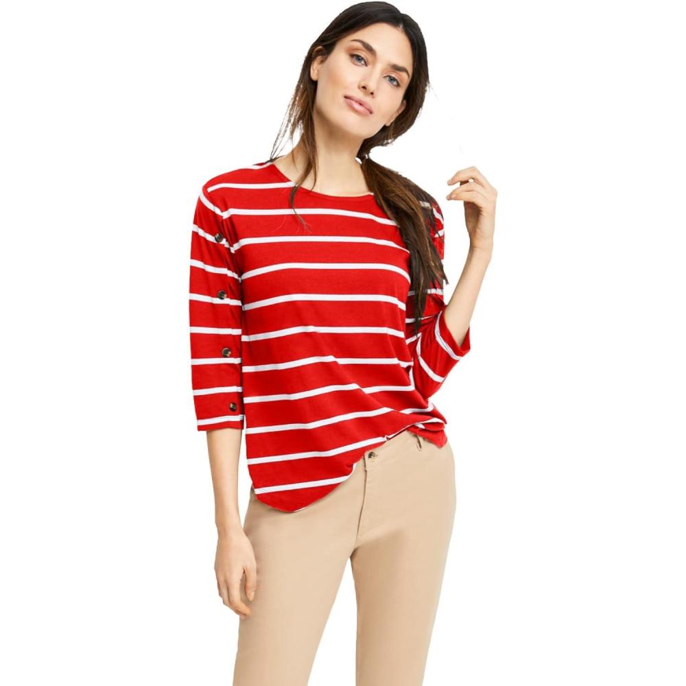 imageellos Plus Size Cotton Spandex Boat Neck 34 Sleeve Button Trim TeeRadiant Red White Stripe