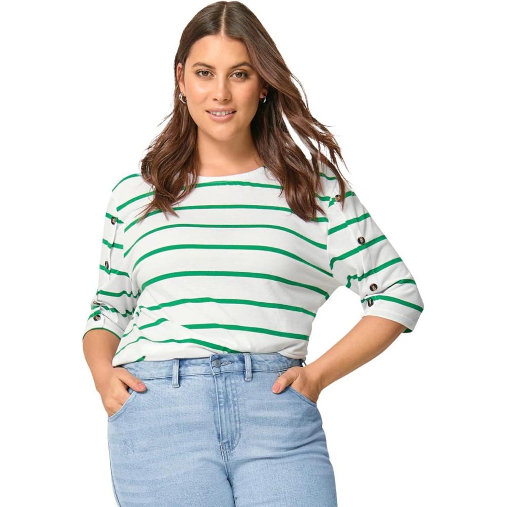 imageellos Plus Size Cotton Spandex Boat Neck 34 Sleeve Button Trim TeeWhite Kelly Green Stripe
