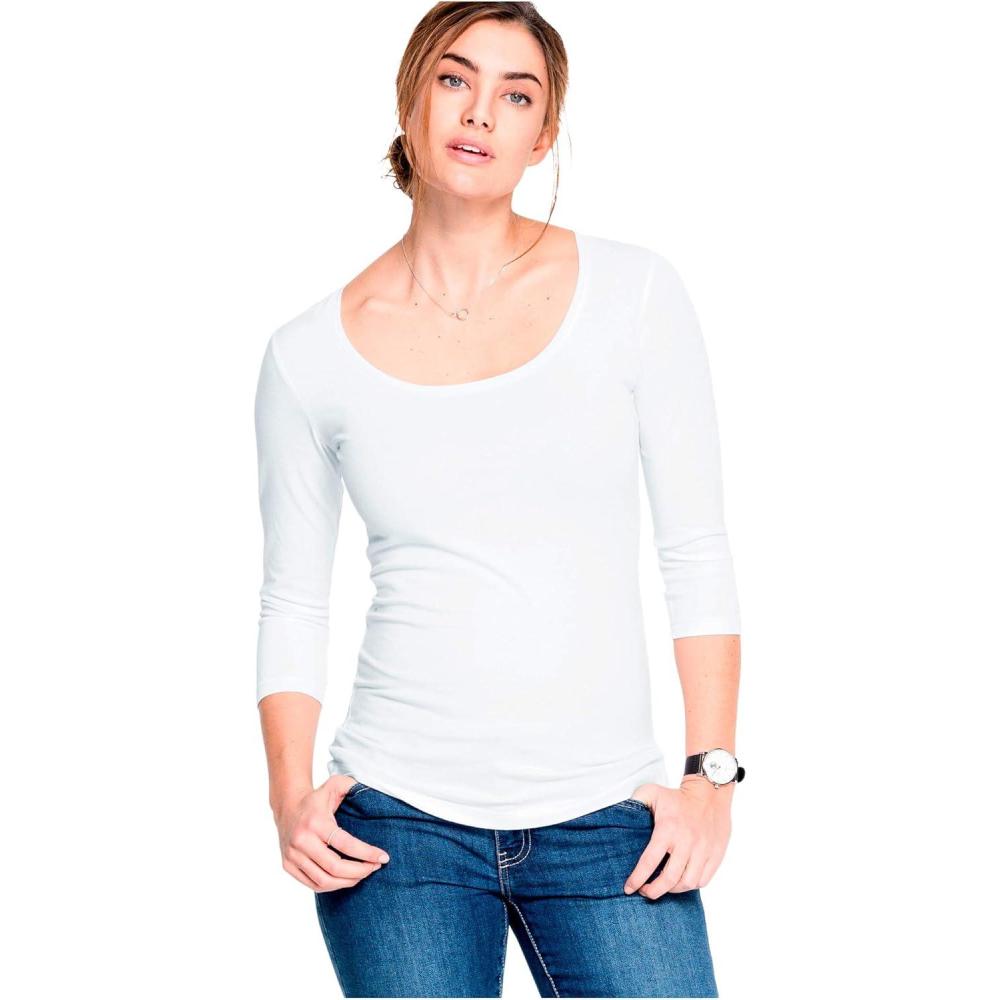 imageellos Plus Size Cotton Spandex Scoop Neck 34 Sleeve TeeWhite
