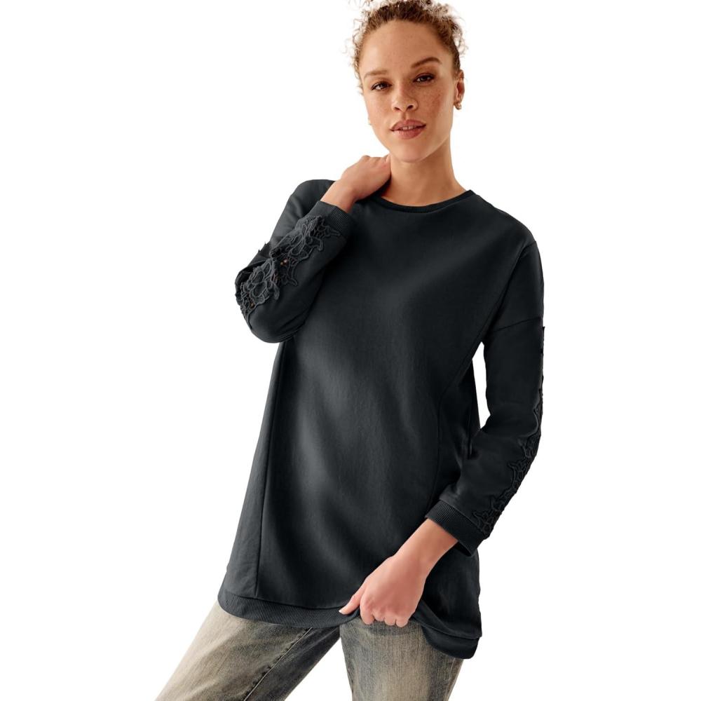imageellos Plus Size French Terry Lace Trim Sweatshirt TunicBlack