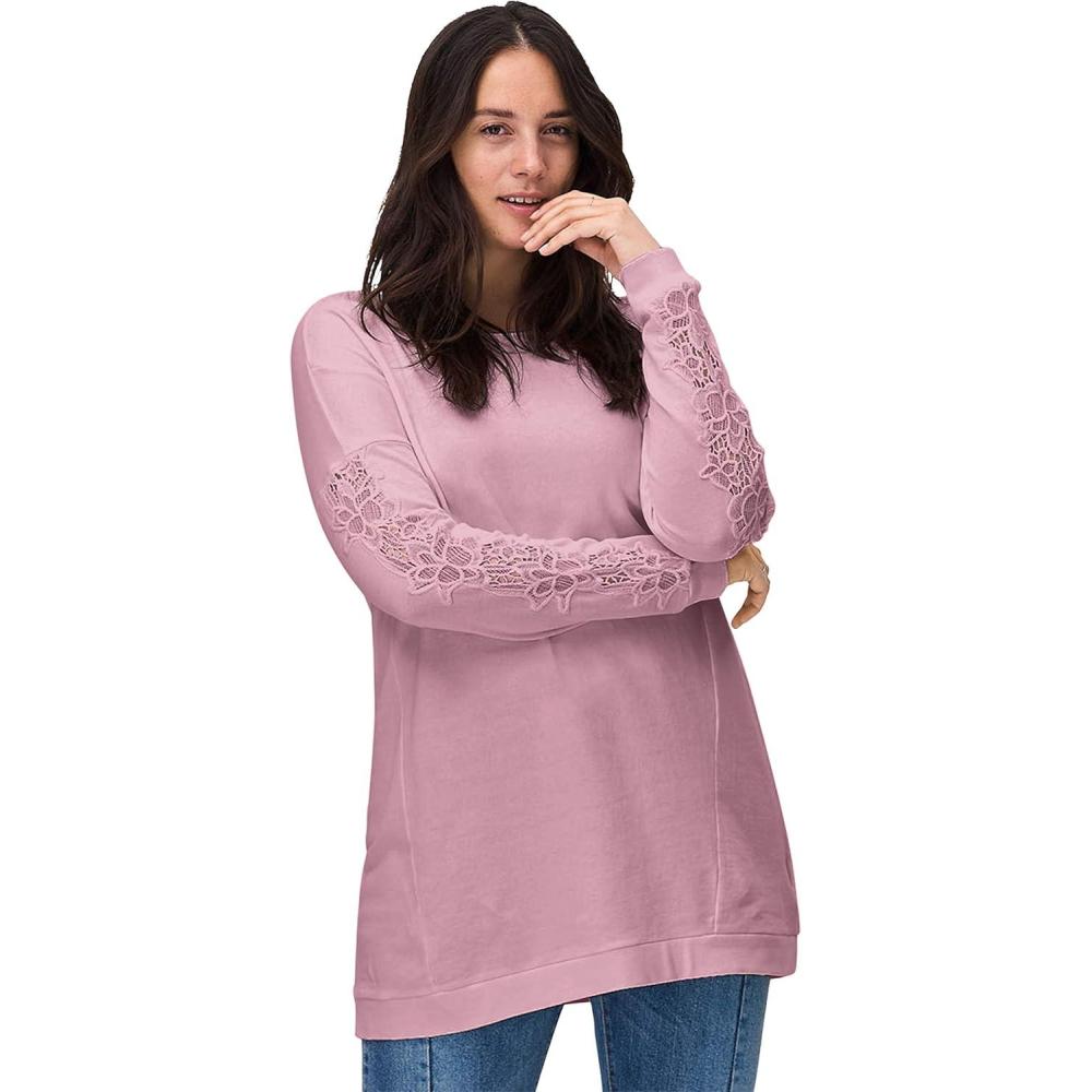 imageellos Plus Size French Terry Lace Trim Sweatshirt TunicDusty Pink