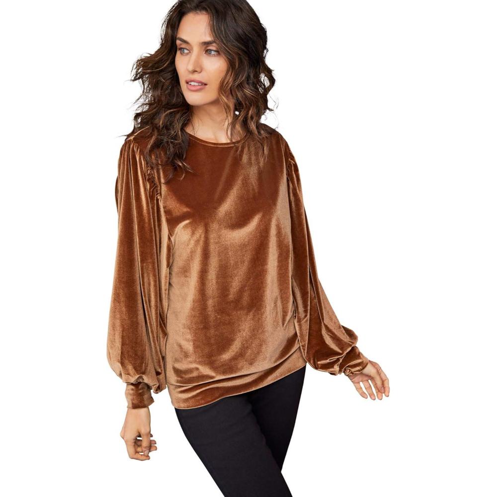imageellos Plus Size Full Sleeve Velour TopPecan Brown