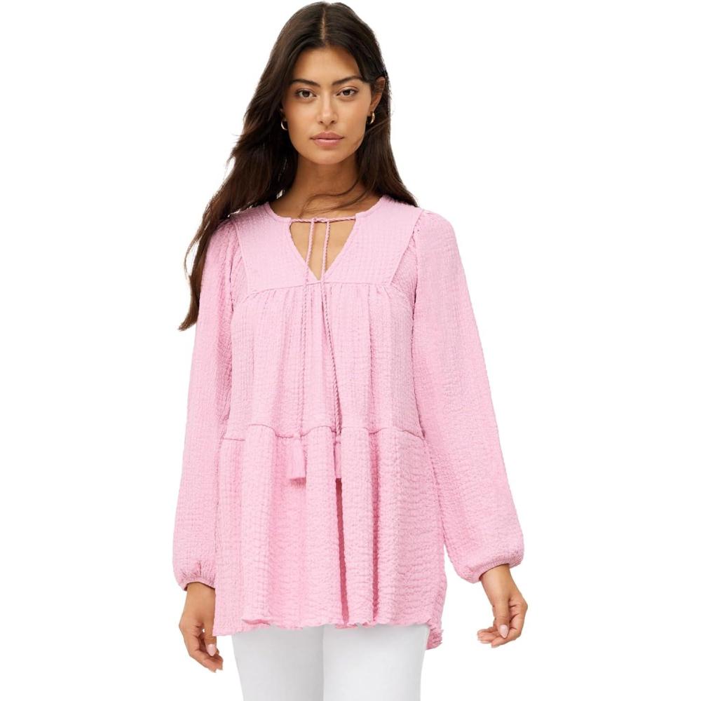 imageellos Plus Size Keyhole Tiered Textured Knit TunicWood Rose Pink