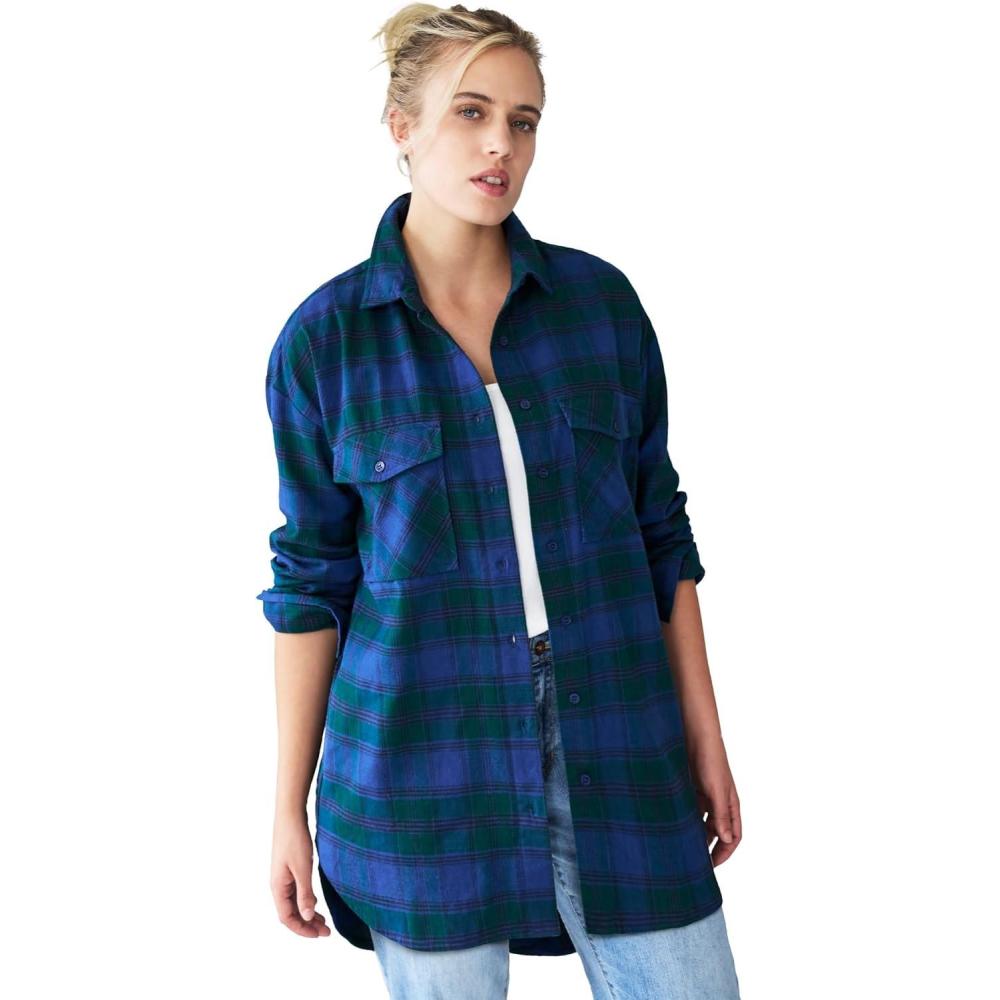 imageellos Plus Size Plaid ButtonFront Flannel TunicBlack Watch Plaid