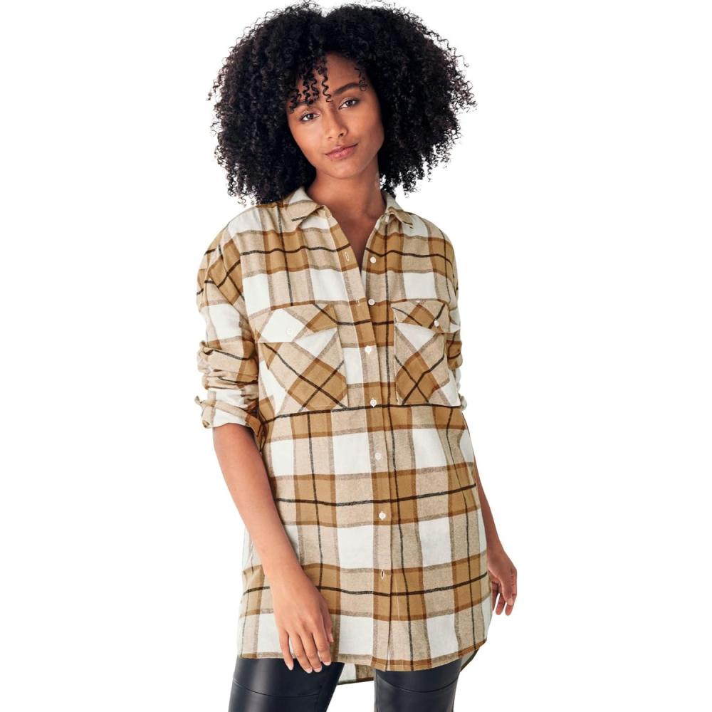 imageellos Plus Size Plaid ButtonFront Flannel TunicDark Camel Plaid