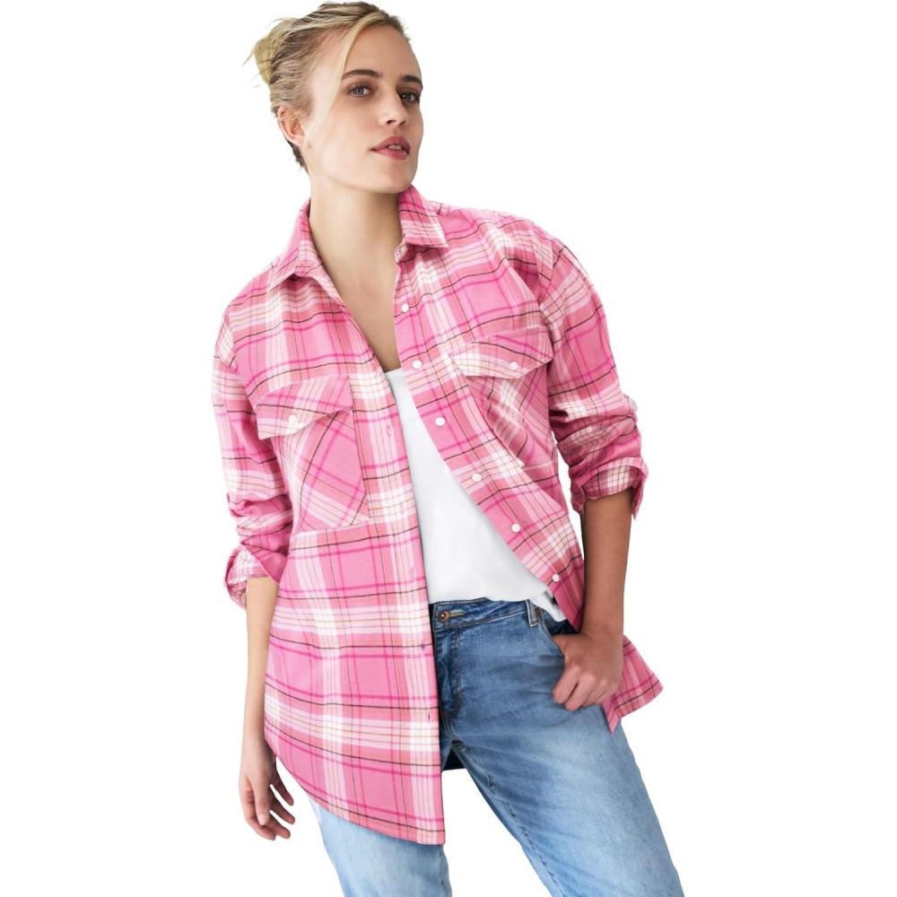 imageellos Plus Size Plaid ButtonFront Flannel TunicDusty Pink Plaid