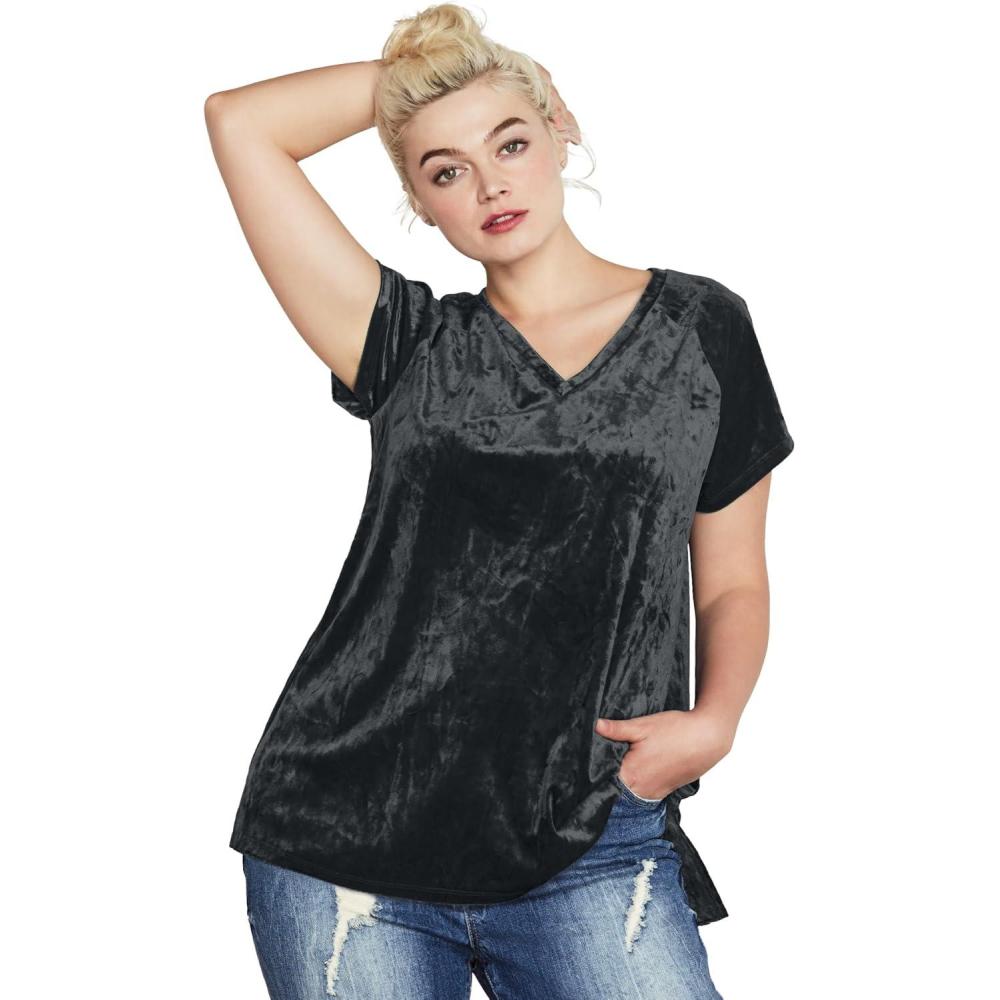imageellos Plus Size Stretch Crushed Velour VNeck Short Sleeve TeeBlack