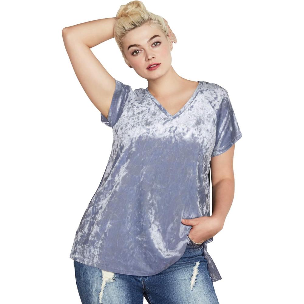 imageellos Plus Size Stretch Crushed Velour VNeck Short Sleeve TeeDusty Cornflower