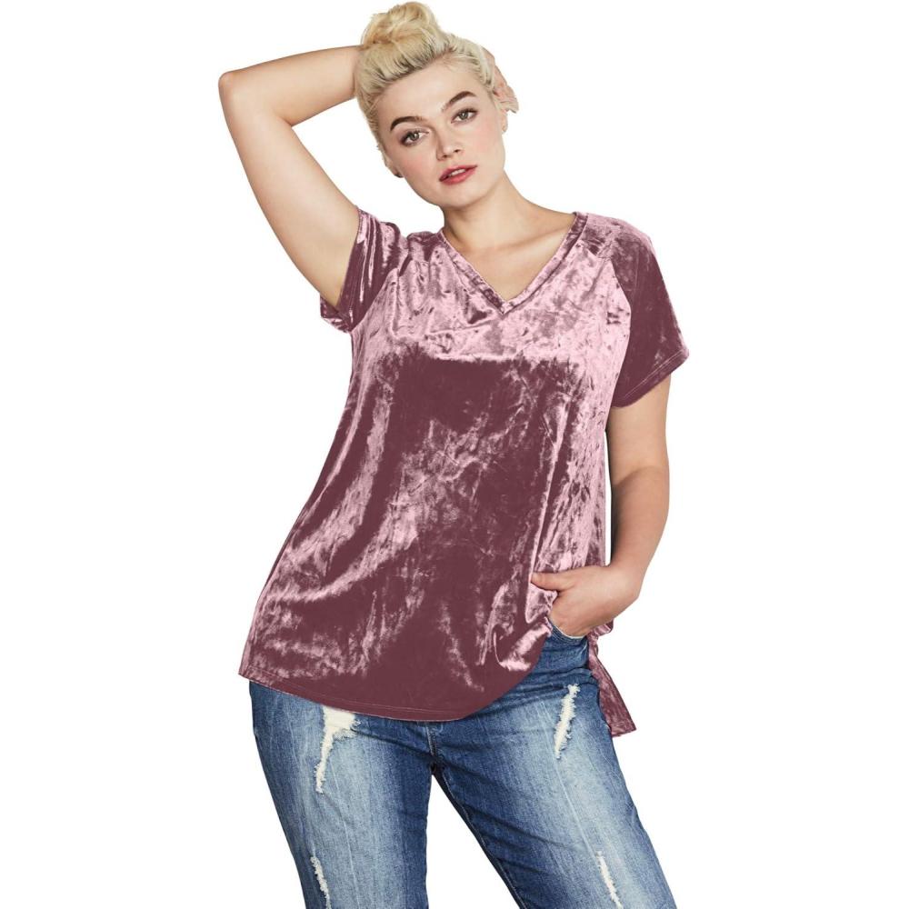 imageellos Plus Size Stretch Crushed Velour VNeck Short Sleeve TeeDusty Pink