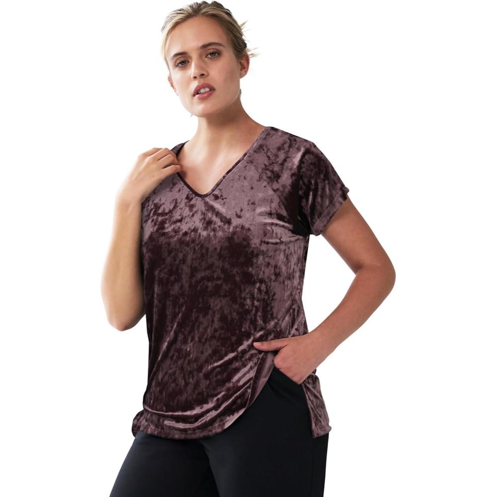 imageellos Plus Size Stretch Crushed Velour VNeck Short Sleeve TeeWarm Brown