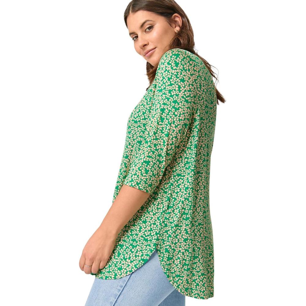 imageellos Plus Size Stretch Knit Scoop Neck 34 Sleeve Curved Hem TunicKelly Green Floral