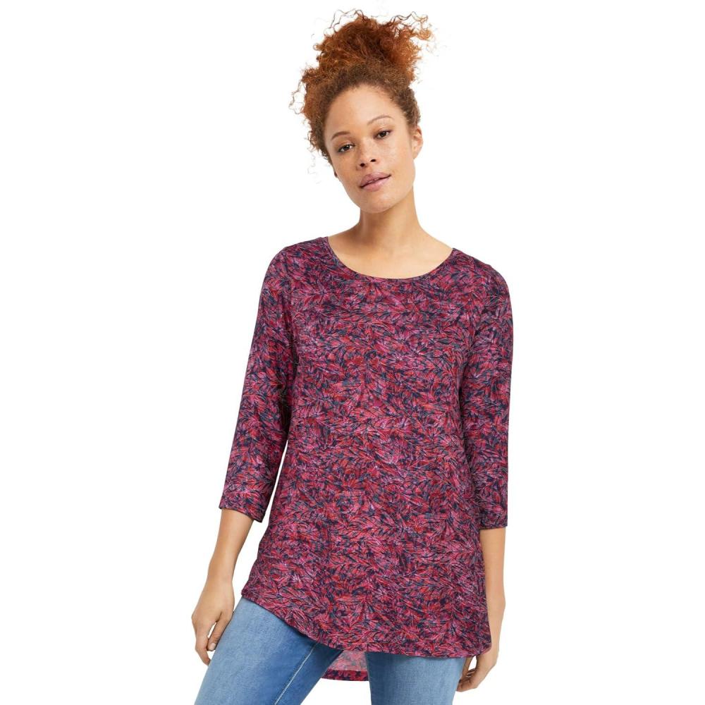 imageellos Plus Size Stretch Knit Scoop Neck 34 Sleeve Curved Hem TunicPeriwinkle Raspberry Floral