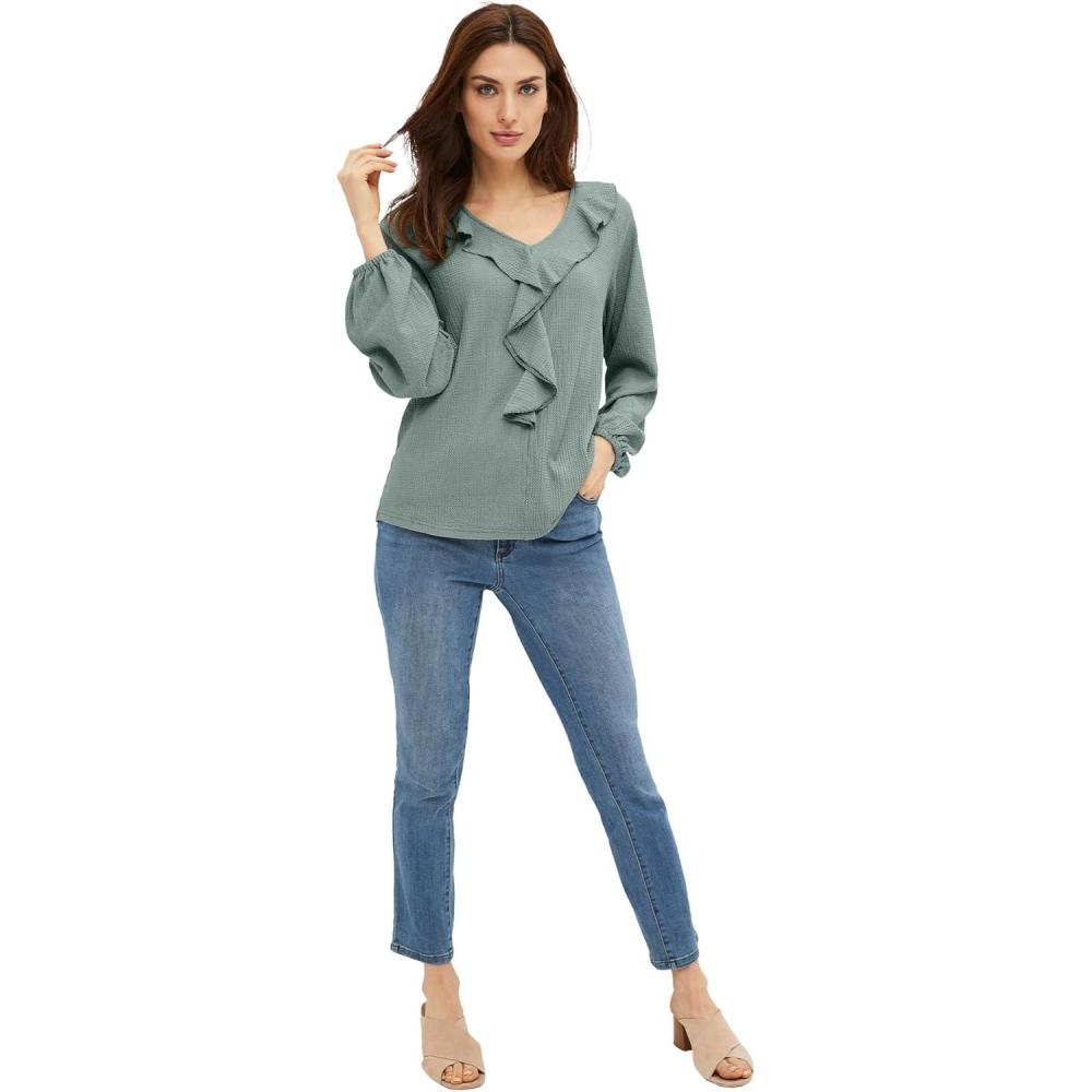 imageellos Plus Size Stretch Textured Knit VNeck Ruffle Front TopGrey Spruce