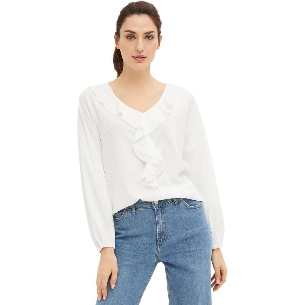 imageellos Plus Size Stretch Textured Knit VNeck Ruffle Front TopWhite